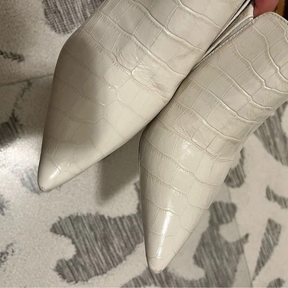 Tory Burch Georgina Croc Embossed White Patent Leather Pointy Toe Ankle Booties - Image 2 of 4