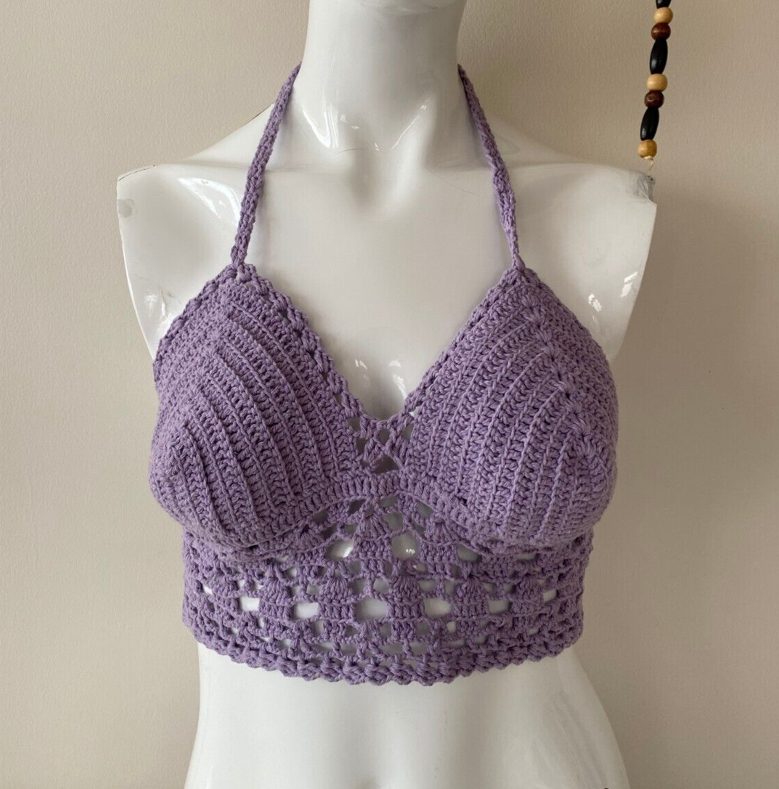 Purple Crop Top Crochet Bustier, Size (S/M) Adjustable back rope, Knit bralette,-image