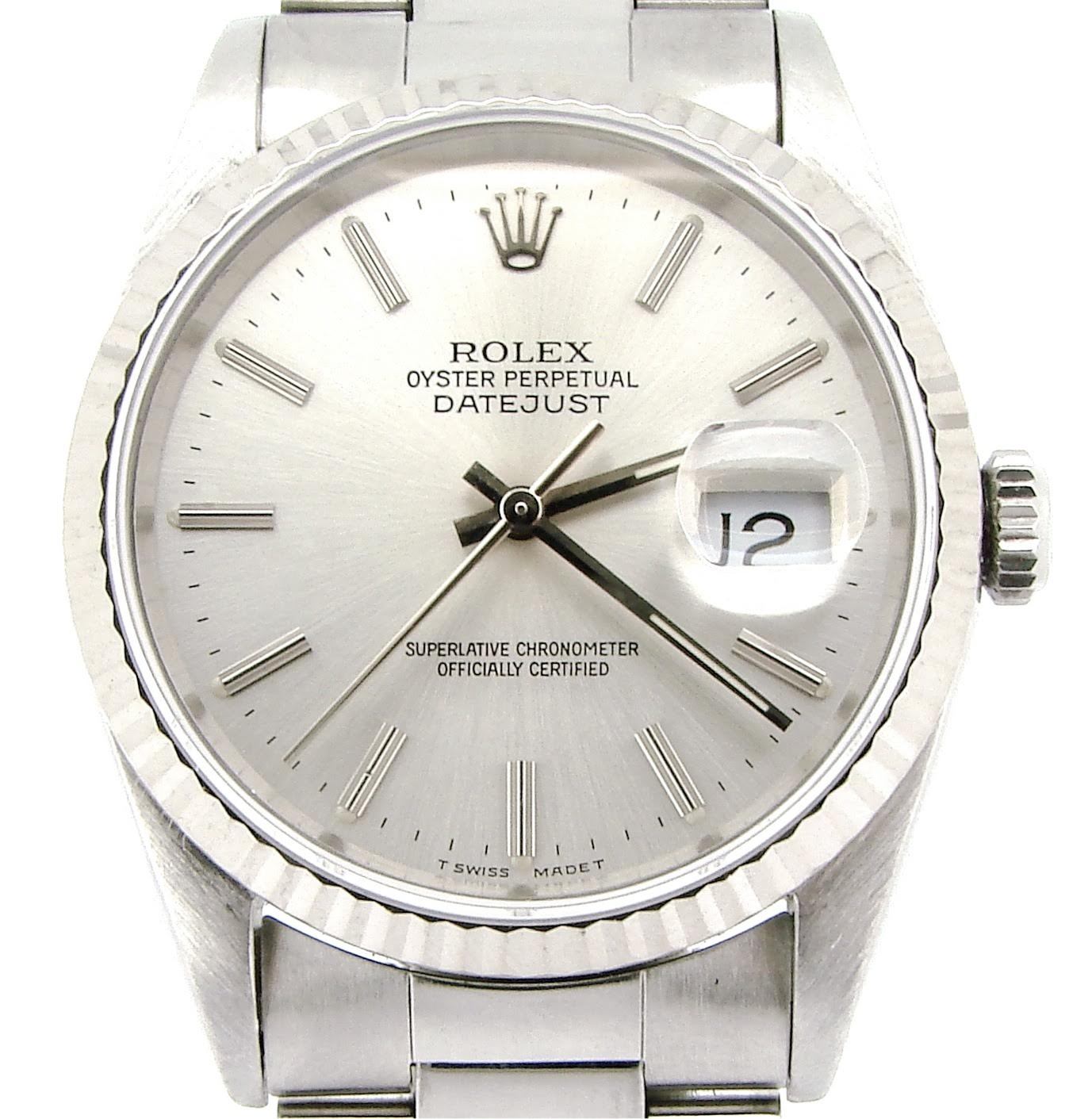 Rolex Datejust Men Stainless Steel & 18K White Gold Oyster Silver No Holes 16234