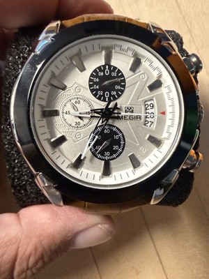 MEGIR Men's Chronograph Date Silver Dial Brown Leather Strap Stainless Steel