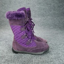 Lands' End Snow Boots Girls Size 5 Purple Suede Fur Trim Quilted Winter Warm
