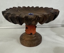 Vintage Hand Carved Wood Bowl On Pedestal String Wrapped Base W/ Beads  Glass