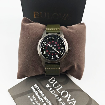 #ad Bulova Hack 98A255 Black Dial Green Leather Strap Automatic Men#x27;s 38MM Watch NEW $175.71