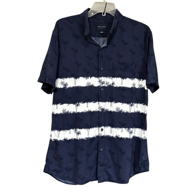 American Eagle Mens Navy Blue Palm Tree Striped Short Sleeve Button Down Shirt L