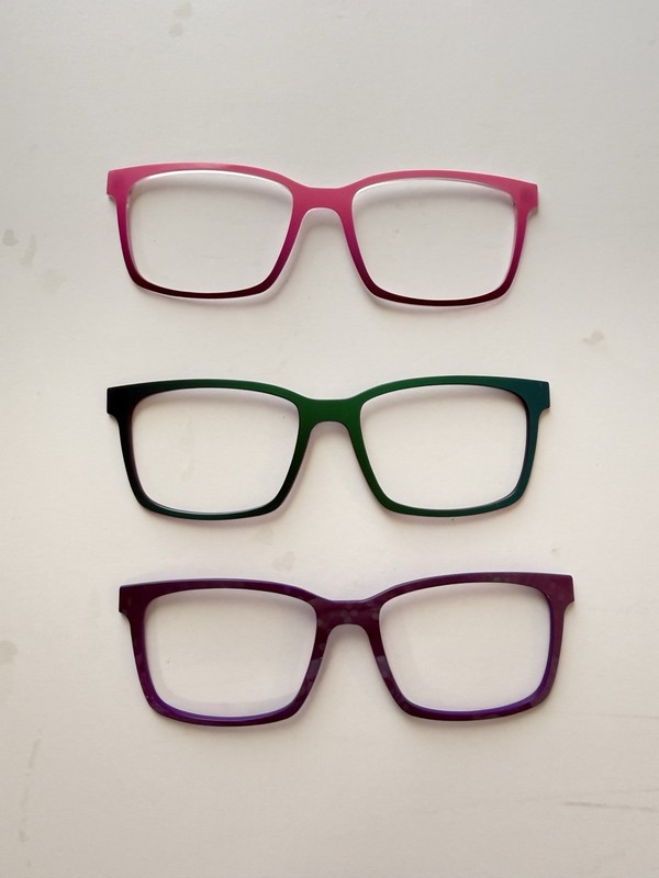 Pair Eyewear Toppers Kirby Frames. Purple Glitter, Bl/grn Iridescent, Pink Ombré