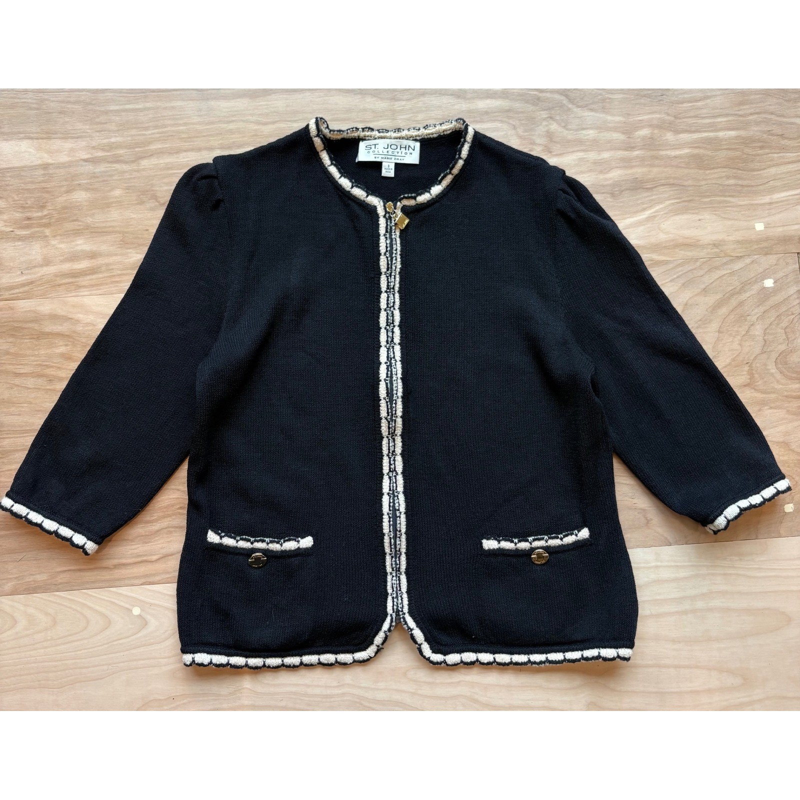 St John Collection Marie Gray Black Cream Santana Knit Zip Cardigan Jacket 8