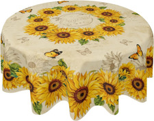 Sunflower round Tablecloth 60 Inch Vintage Summer Floral Butterfly Circle Table