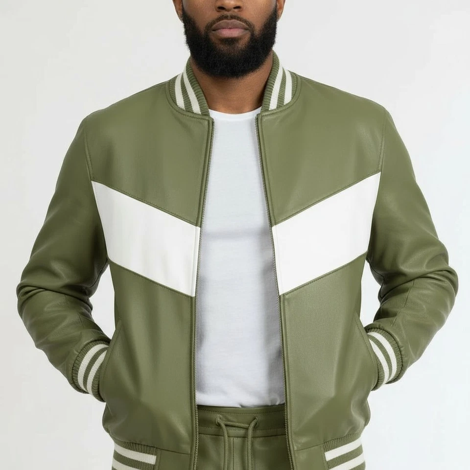 Conjunto de jogger de cuero de vaca verde oliva para hombre - Traje de chándal con rayas laterales blancas Foto 2 de 4