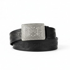 Genuine Leather Scottish Kilt Belt & Buckle Set Embossed Celtic Knot - Black