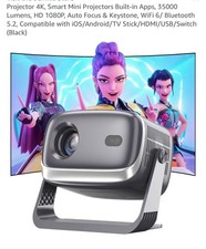 Projector 4K, Smart Mini Projectors Built-in Apps, 35000 Lumens, HD 1080P, Auto