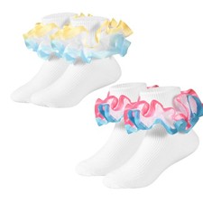 Baby Girls Two Tone Blue Lace Ruffle Socks, Double Turn Cuff Frilly Fancy Dre...