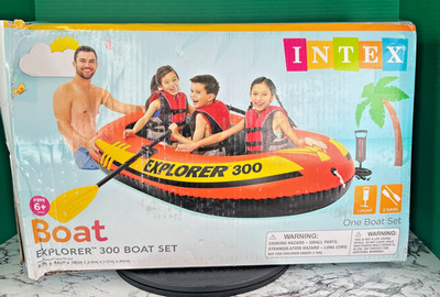 Intex Explorer 300 3 Person Inflatable Boat Set w/ 2 Oars & Air Pump MAX 410 lbs