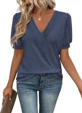 Womens V Neck Puff Sleeve Summer Top Casual B...
