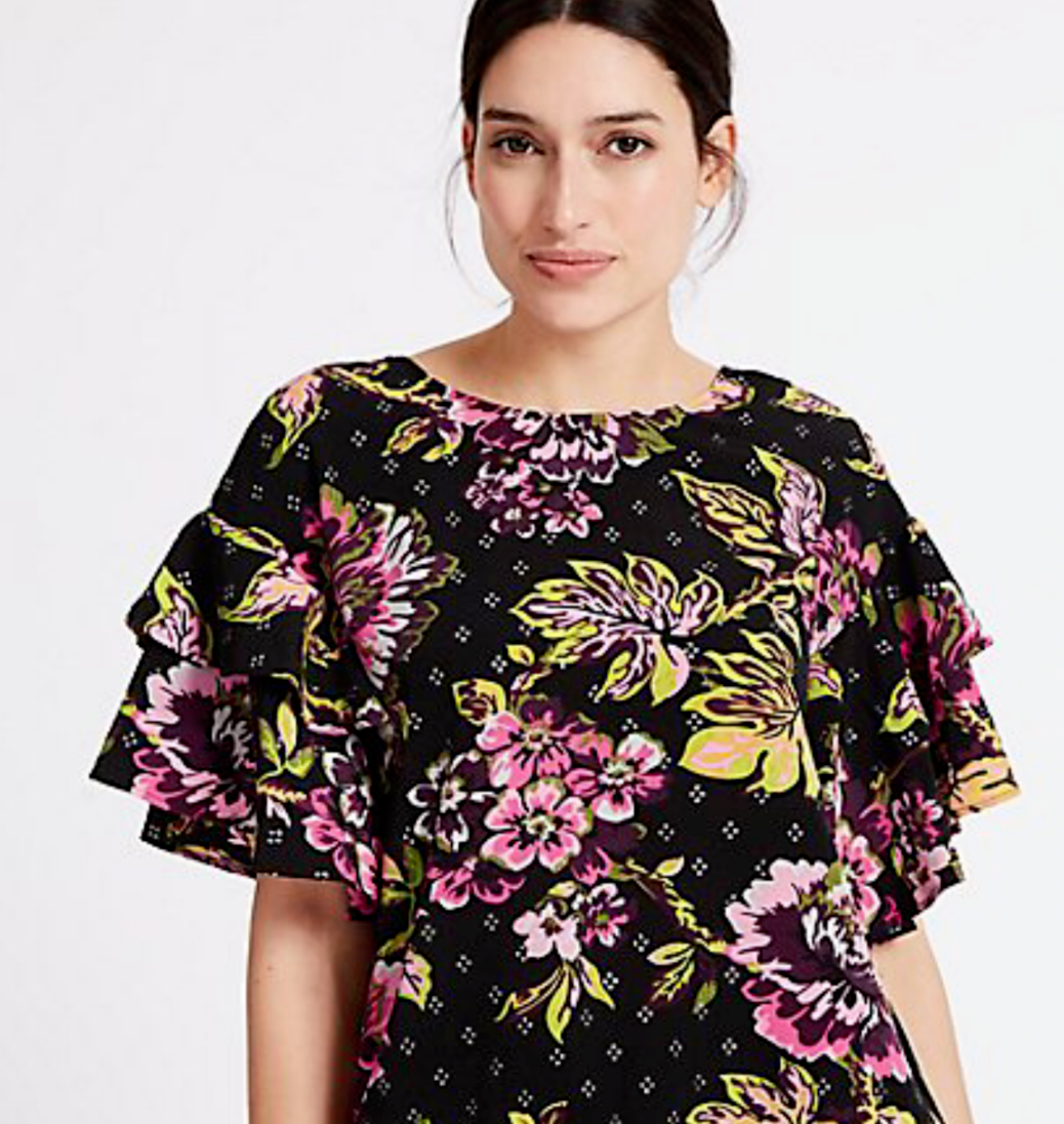 M&S Ladies Blouse Black Mix Floral Ruffle Sleeve Top 6 BNWOT Marks