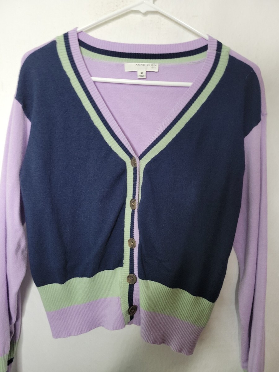 Anne Klein Blue Purple Knit Long Sleeve V Neck Button Up Sweater