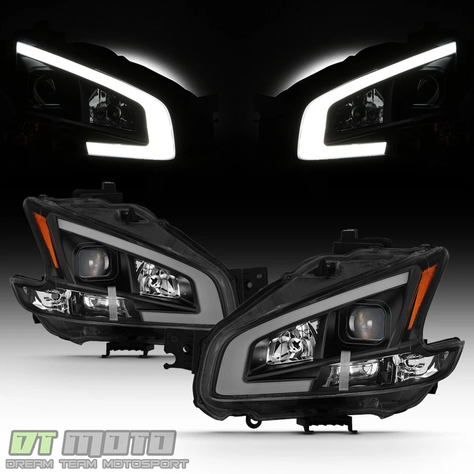 Black For 2009-2014 Maxima Square Projector Headlights w/DRL LED Light Tube sets - Image 2 of 4