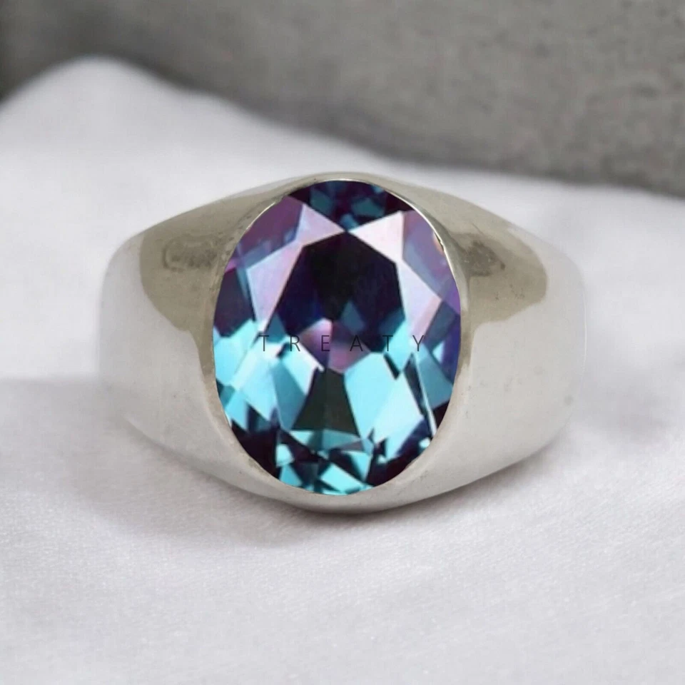 Piedras preciosas de alejandrita de corte ovalado con anillo de plata de ley 925 para hombre #591 Foto 4 de 4