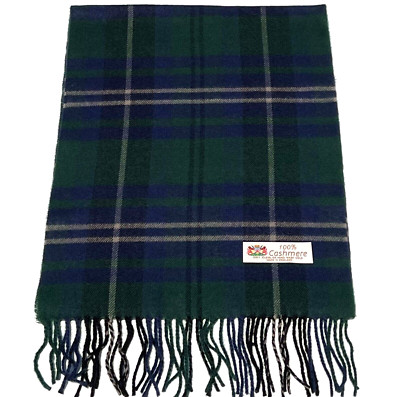 Men Womens 100% Cashmere Scarf Wrap Made in England Plaid Forest blue camel #A