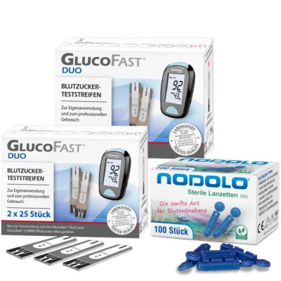 Glucofast Duo Teststreifen 100 Stück inkl. Nodolo Lanzetten 100 Stück im Bundle