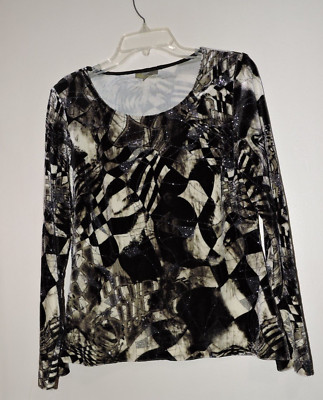 Linea Domani Womens Long Sleeve Shirt SZ 12 blk wht gray poly/spandex velvet
