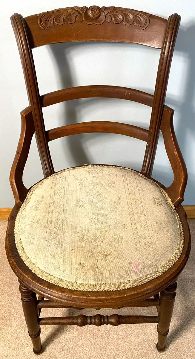 Antique Victorian Rose Ladderback Turned Legs Needlepoint Seat
