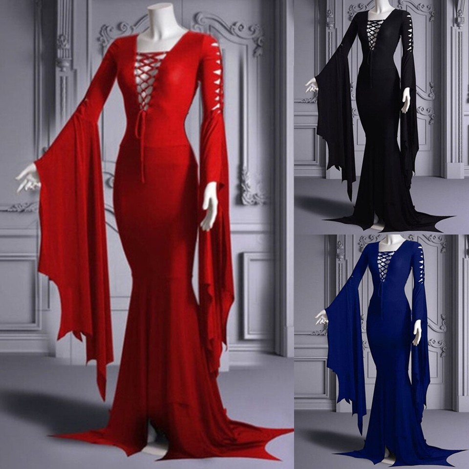 Halloween Morticia Addams Family Cosplay Costume Lace Up Gown Party
