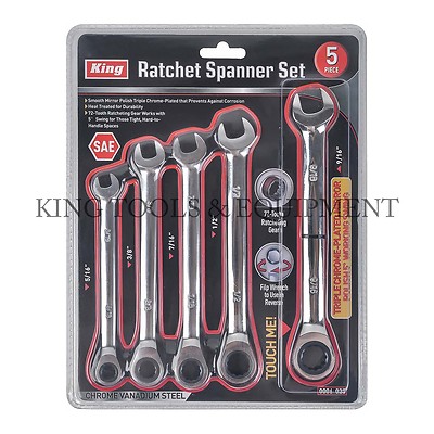 KING 5PC Gear Ratchet Spanner Combination Wrench Set Professional Hand Tool SAE 