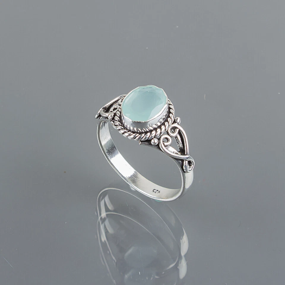 Anel feminino de pedra preciosa natural calcedônia aquática prata esterlina 925 presente - Imagem 4 de 4