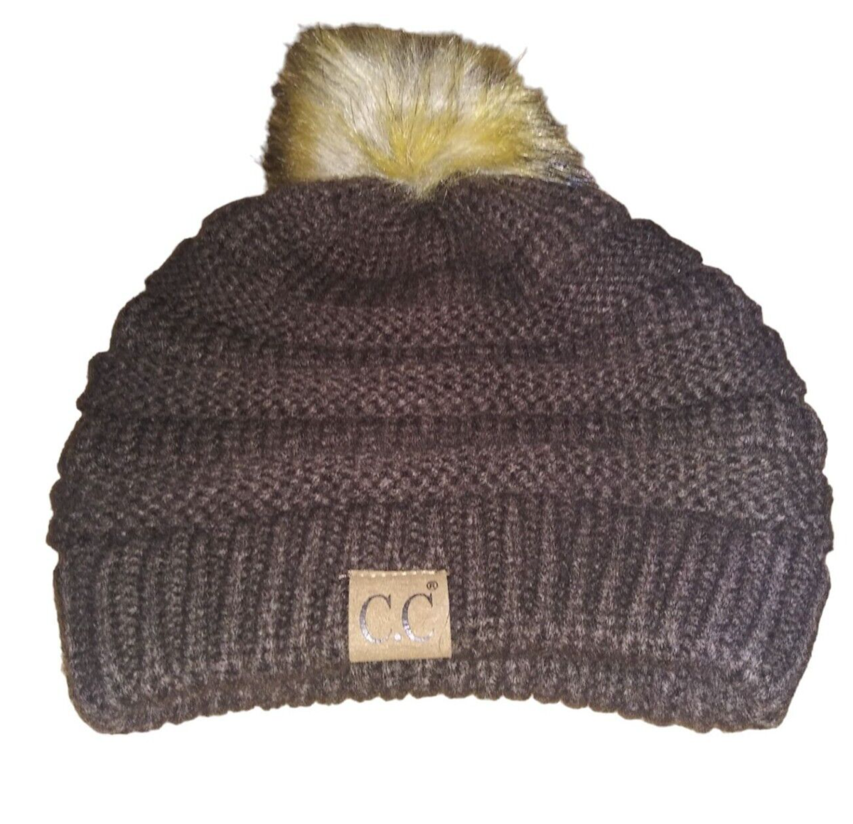 CC Brown Cable Knit Beanie Faux Pom Pom Puffball Women display picture 2