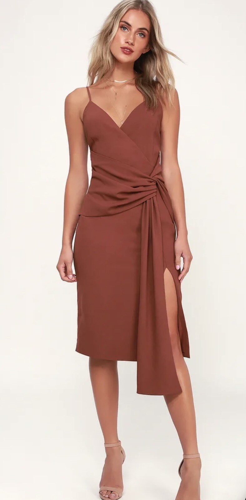 Lulu’s washed burgundy knot front midi dress