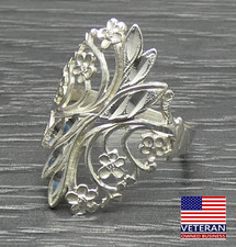 Sterling Silver Wide Flower Floral Leaf Unique Band Ring Size 6
