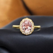 925 Sterling Silver 8x6 mm Oval Shape Natural Morganite Ring Cubic Zirconia