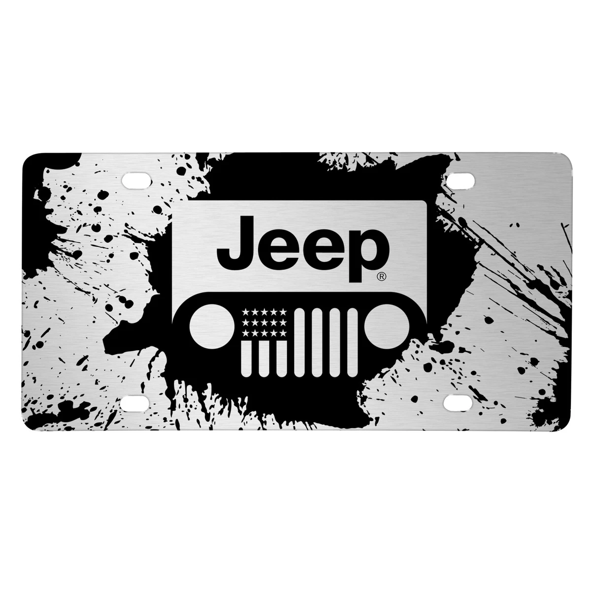 Jeep Grill Logo on Mud Splash Graphic Brush Silver Aluminum Front License  Plate | eBay