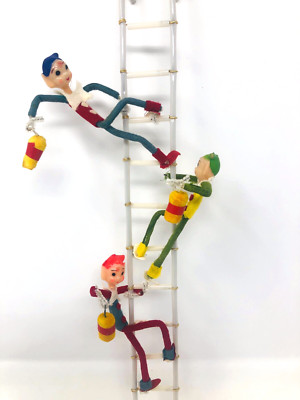 Vtg 1960 XMAS Busy PIXIE Bendable ELF 4'' Figures CLIMBING 14'' LADDER Ornament R