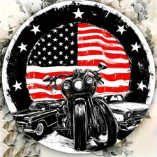 2D Flat - 2D Plane, 1pc 8X8 Inch Aluminum round American Flag Motorcycle Wall Ar