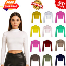 Ladies Turtle Polo Neck Long Sleeve Crop Top T-shirt Tops Womens Top Sizes 8-24