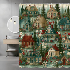 Cottage Houses Floral Shower Curtain, Forest Cabin Print