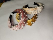 Women s Set of 3 Solid Fabric Padded Headbands Pearl Beaded Multicolor