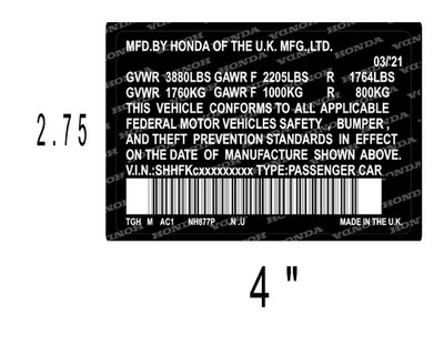 Honda Door Jamb Data Decal 3M High Tack with MFG and Tire Pressure
