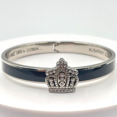 Vintage Y2K Silver Tone Black Enamel Rhinestone Crown Inscribed Bangle Bracelet