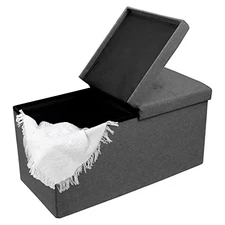  30 Inches Storage Ottoman Bench with Flipping Lid, Linen Foldable Dark Grey