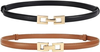 ALAIX 2Pack Skinny Leather Belts for Waist Size below 43 inche, Black/Brown 
