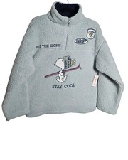 Peanuts Snoopy Women's Sherpa Quarter Zip Pullover Sz M Blue Ski Cozy Oversized
