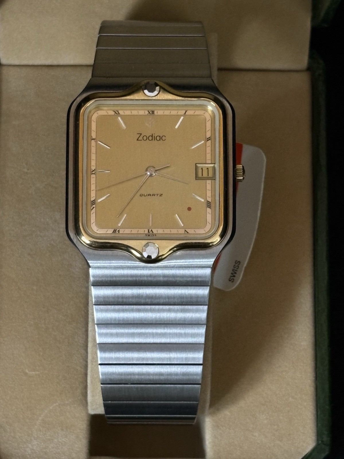 NEW Zodiac 1394 681 Square Two Tone Steel Quartz Date 32mm Gold Dial Watch