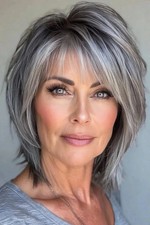 Human Hair New Fashion Layered Natural Silver Gray Straight Women's Wigs 12in