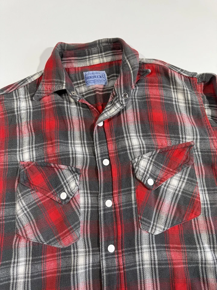 Vtg 50s 60s Sears Slant Pocket Cotton Flannel Red Black Plaid RARE Western - Image 4 of 4
