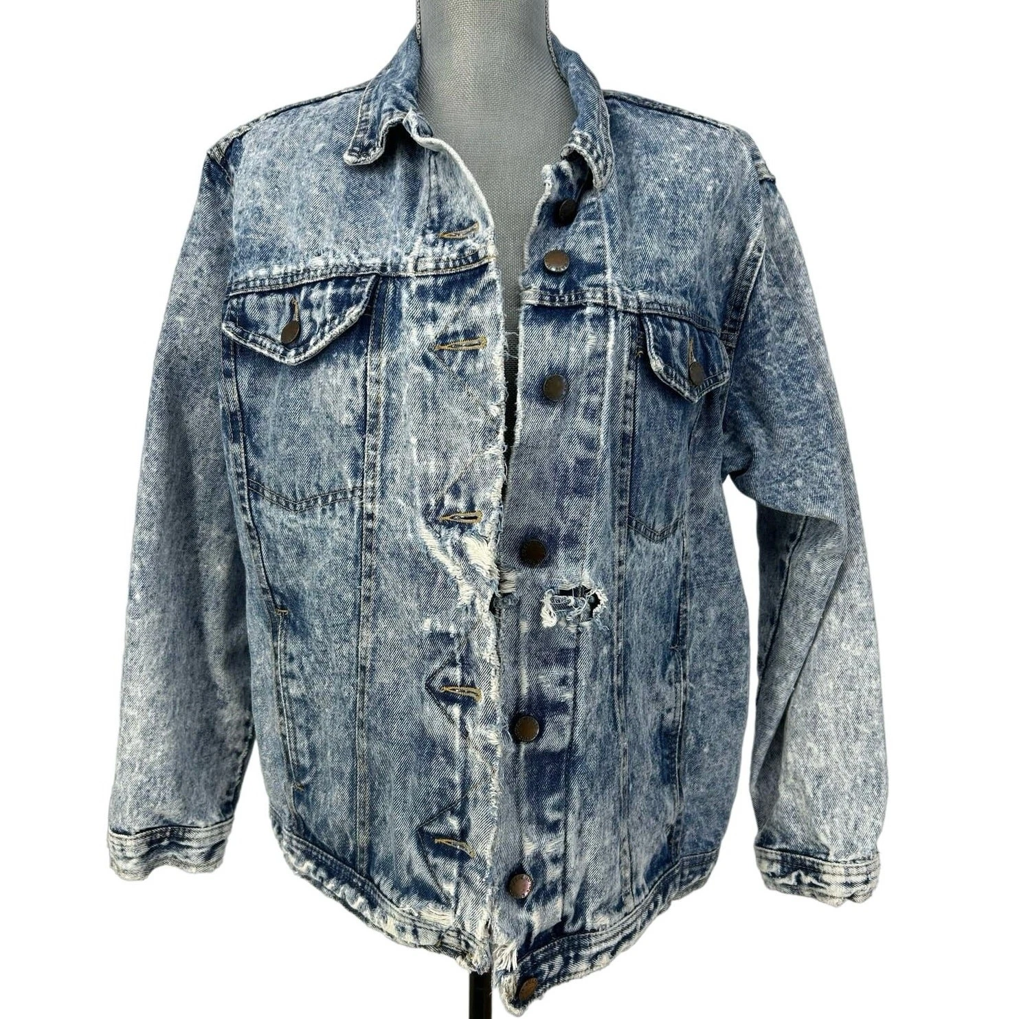 Vintage Distressed Destroyed Acid Wash Button Front Denim Jacket Unisex M L USA