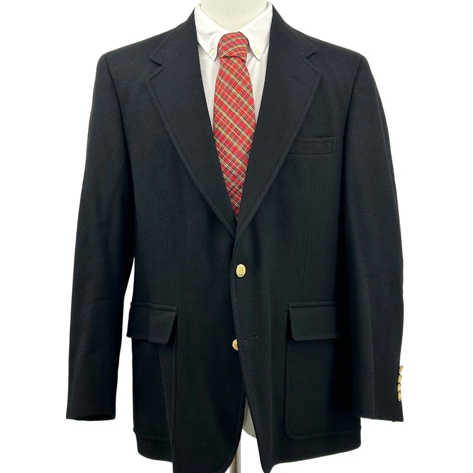 Blazer de lã preto Palm Beach vintage 42R botões de crista dourada preparação clássica Ivy League - Imagem 2 de 4