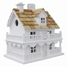 White Cottage Style Wooden Birdhouse with Unpainted Nest Box and Side Entry
