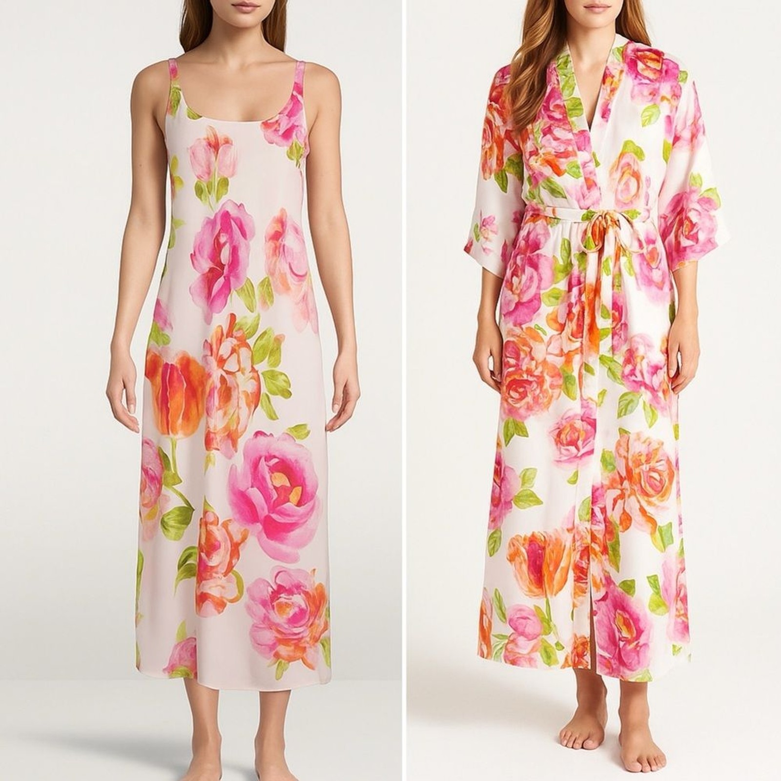 Natori South Pacific Floral Robe & Slip Nightgown Set Pink Orange Ivory Size S M